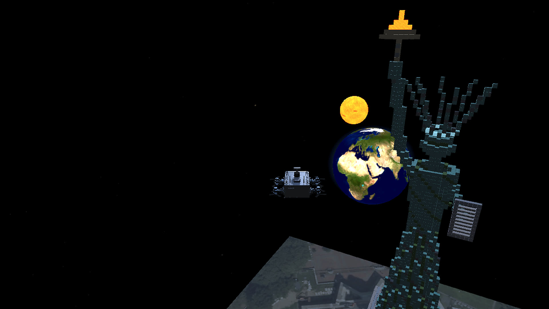 CCBOT flying above a landmark and block-built city scene