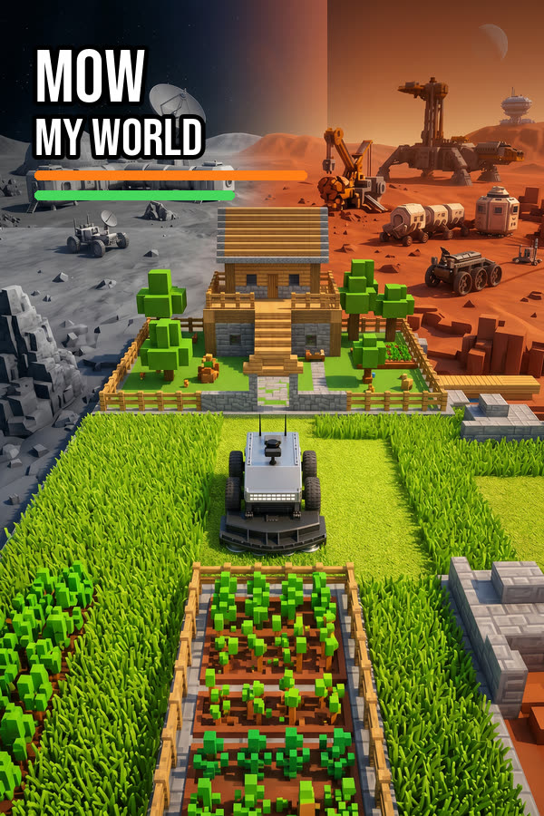 Mow My World key art with CCBOT in a built world