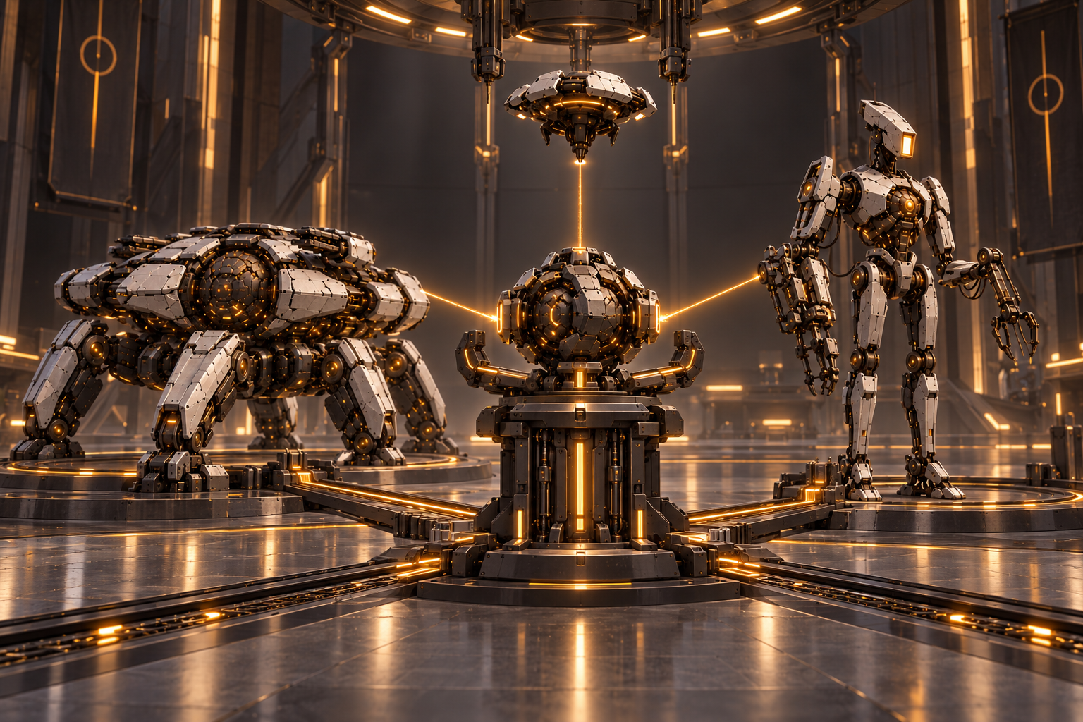 An Awakynet cognition core connects to engineering, ground and relay bodies through amber links and mechanical docking structures