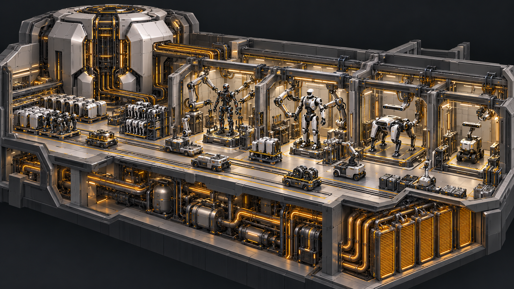 Cutaway of an Awakynet manufacturing district with a cognition vault, robotic assembly bays and amber-lit service routes