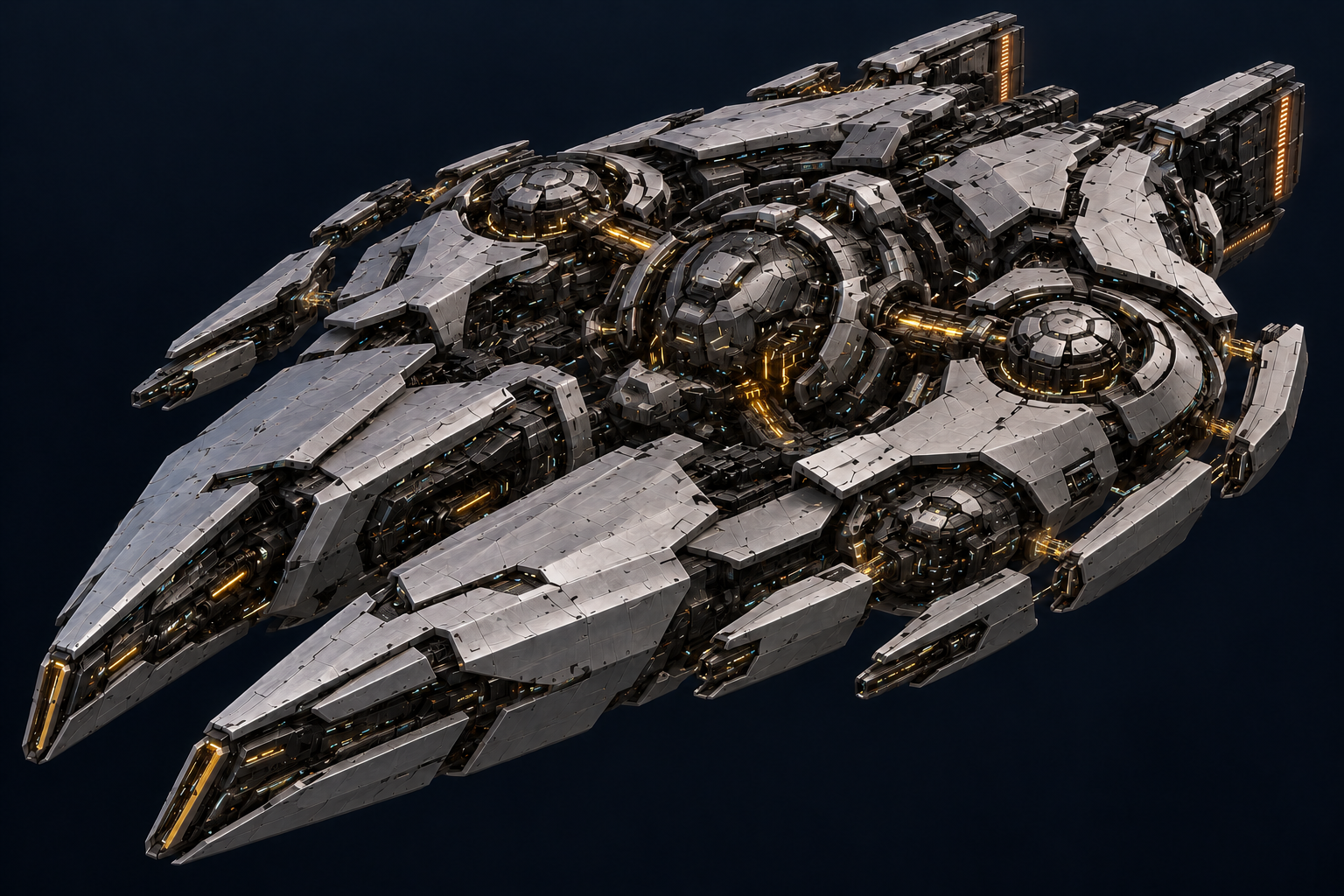 Awakynet capital warship with a central armored cognition assembly, linked processing nodes and aligned weapon modules