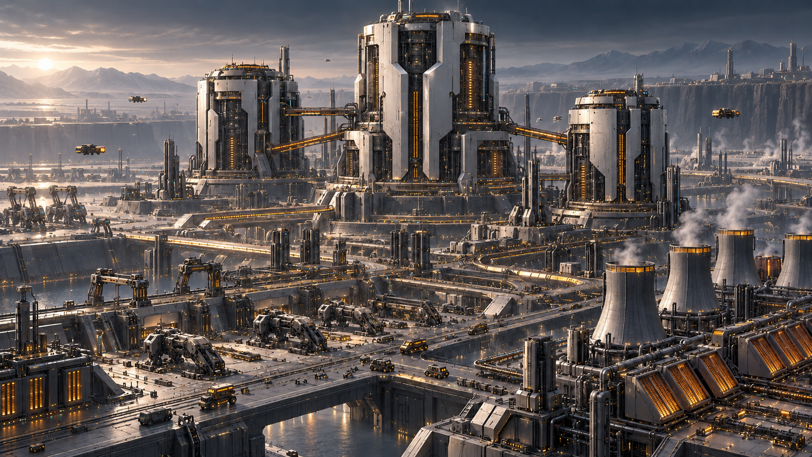 Awakynet machine capital with three armored cognition towers, amber-gold links, assembly yards, cooling districts and autonomous robot traffic