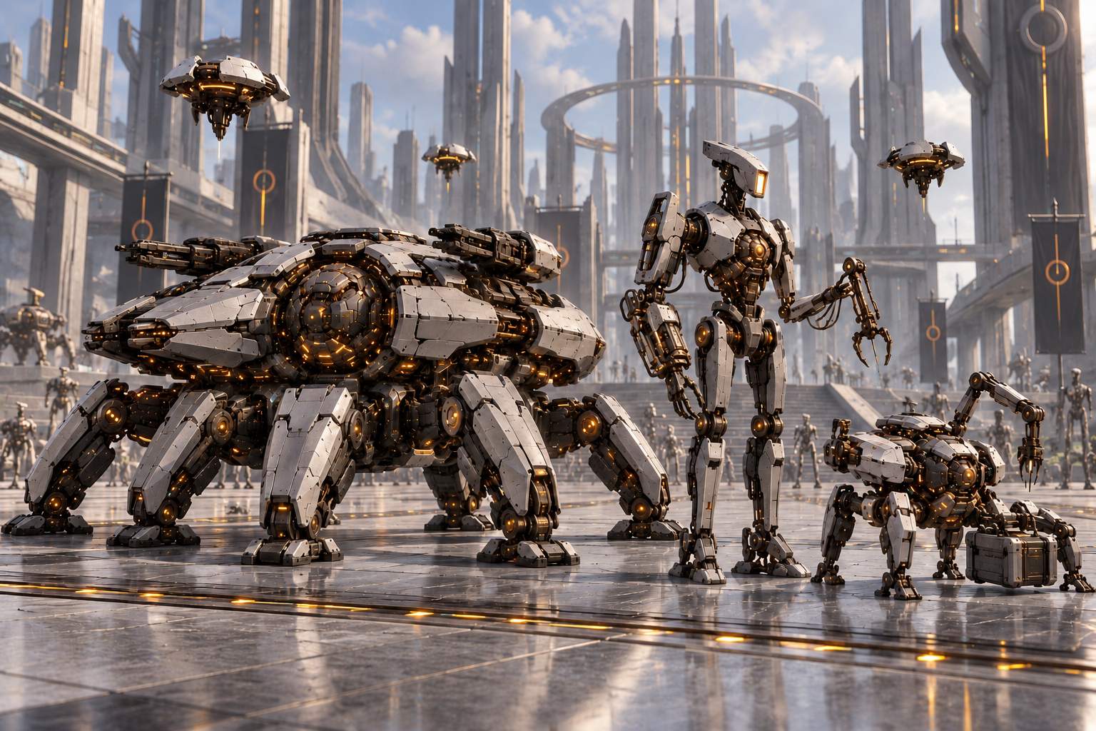 Awakynet heavy combat walker, upright engineering robot, maintenance walker and airborne relay drones in a machine civic plaza