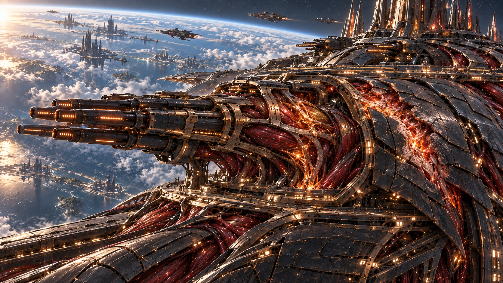 A living warship grows a firestone resonance cannon through muscular mounts and precision engineering