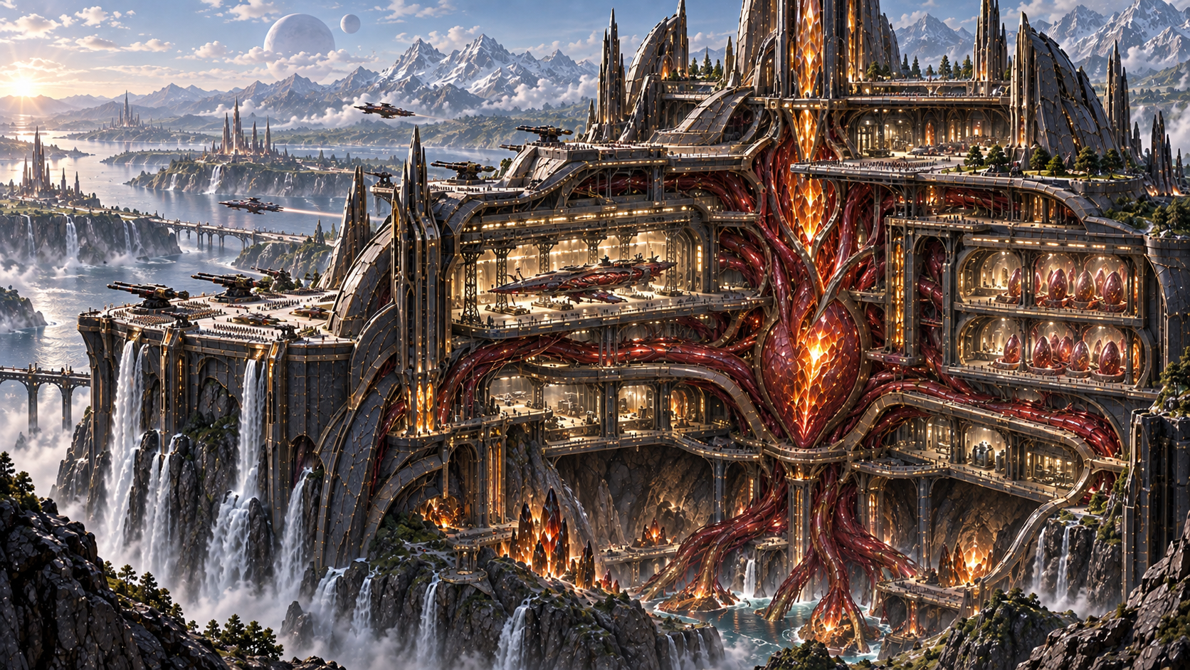 Cutaway of a living Meldaen fortress revealing circulation organs, gestation shipyards and crystal-metal structural supports
