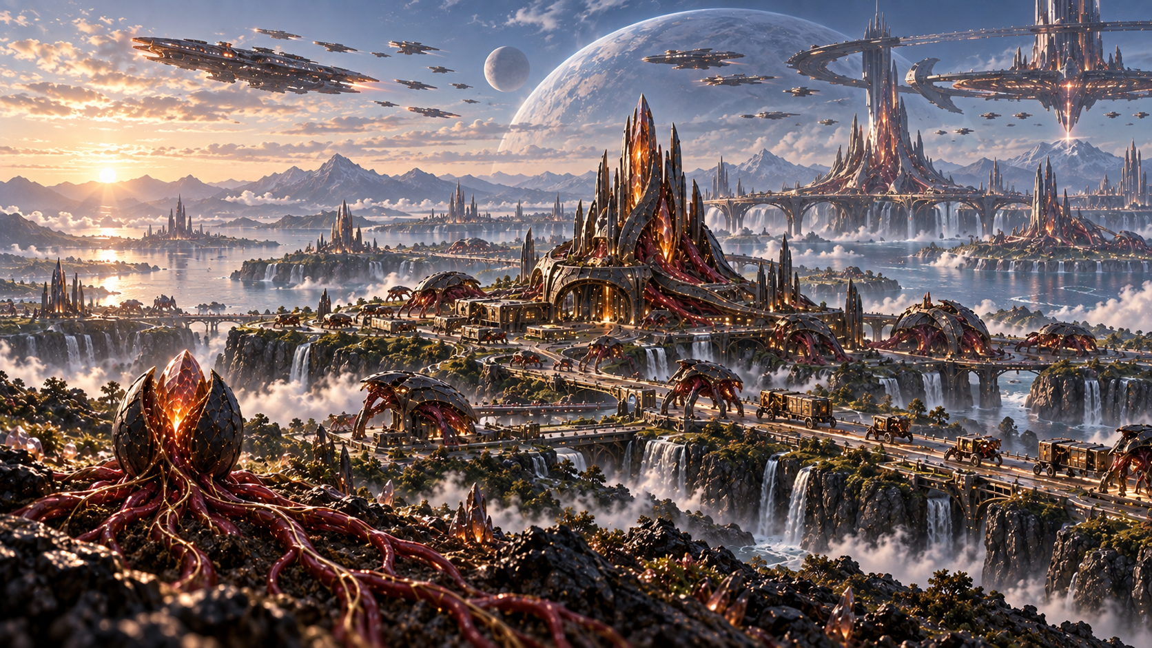 Growth from a germinating seed in the foreground to specialized colonies and a mature fleet at the horizon