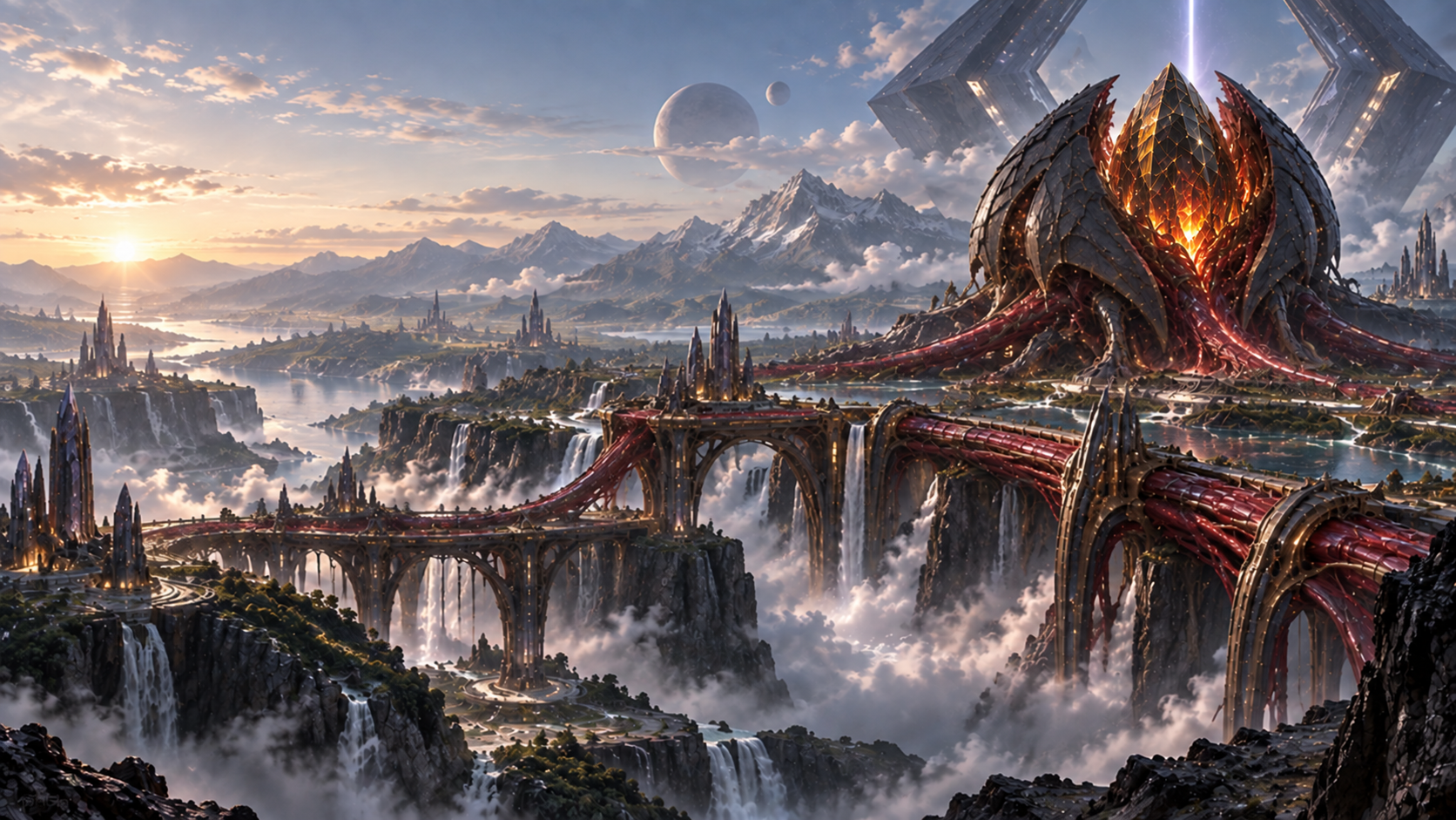 A higher-dimensional seed grows vascular roots, crystal-metal lattices and engineered structures into one Meldaen civilization