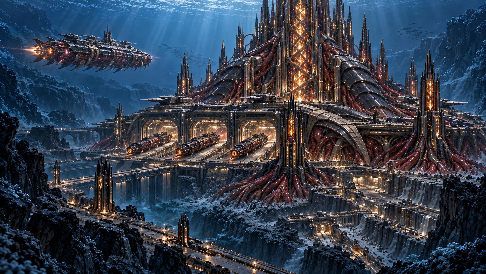 Meldaen deep-sea citadel and living submarine warforms inside a converted trench