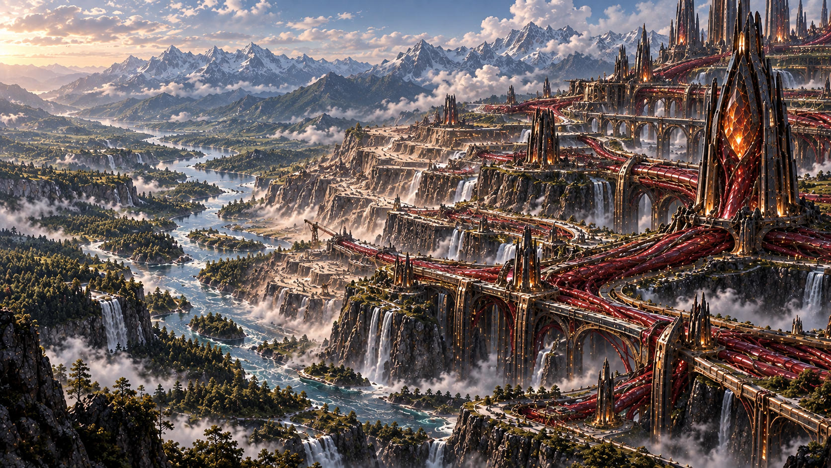 A river valley changes from natural terrain into terraces, vascular circulation corridors and firestone sensing networks