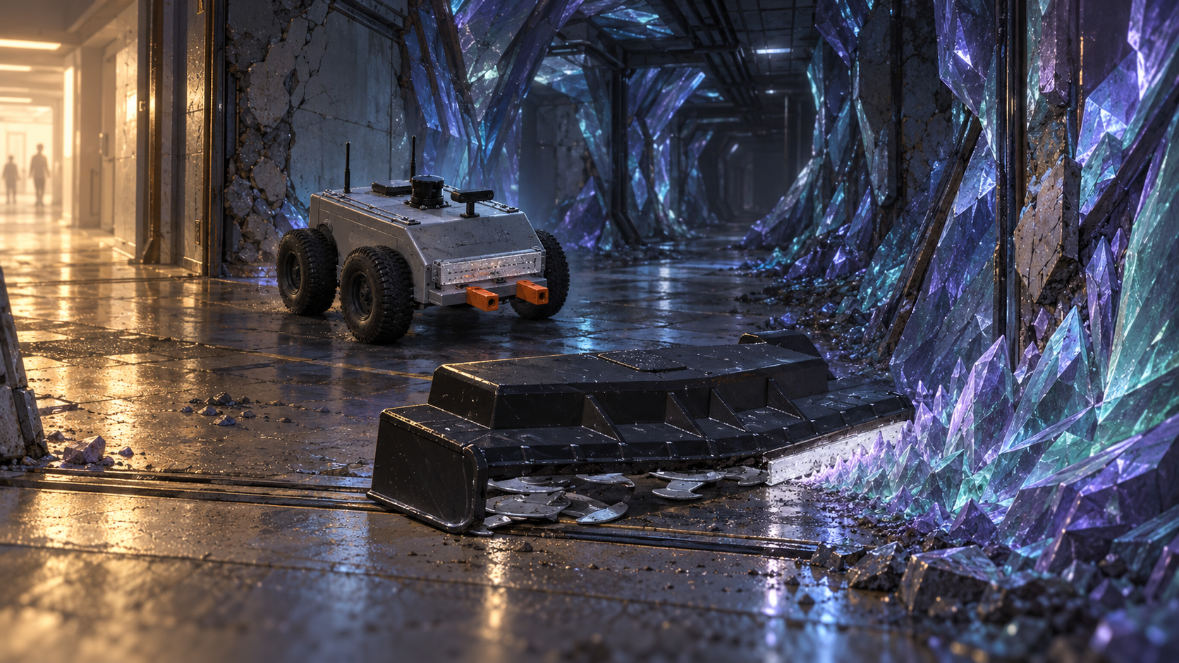 CCBOT continues into a crystal-lined maintenance corridor with its orange coupler exposed, leaving its detached black clearing head and white ceramic strip across the escape threshold.