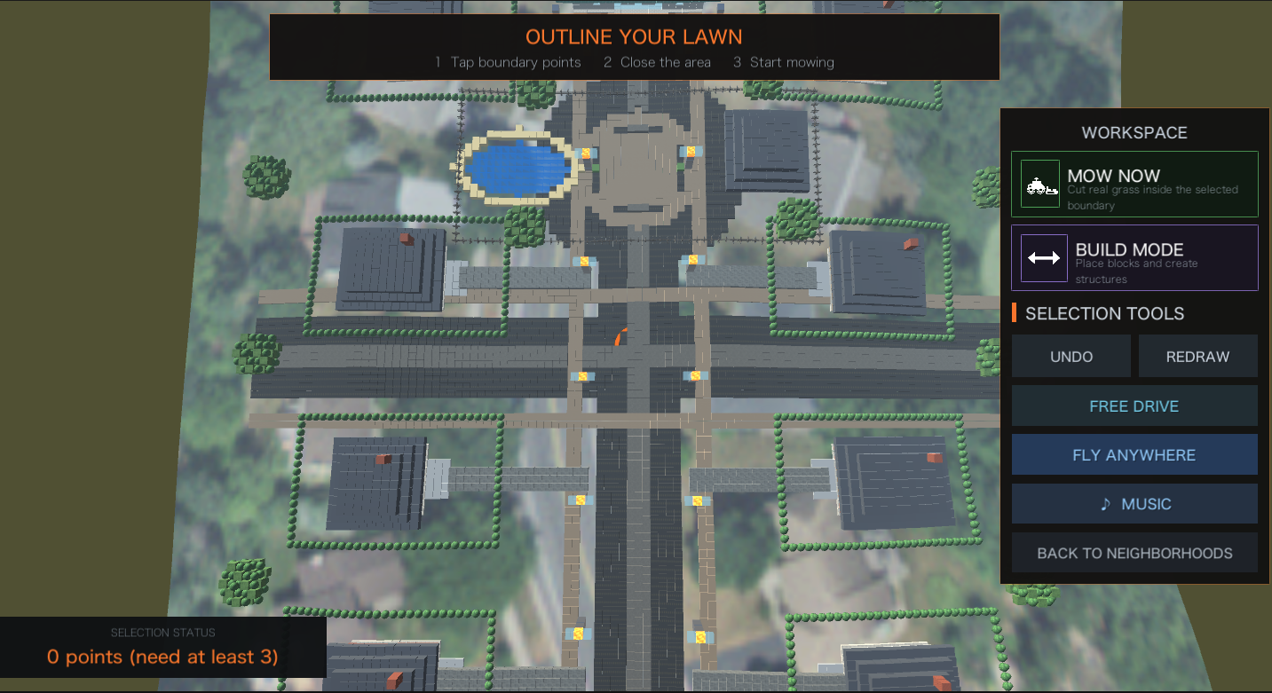 Whole community build placed over a satellite map in Mow My World