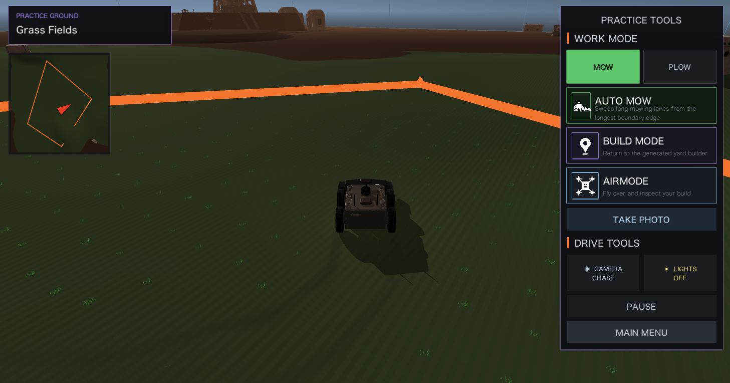 Practice Ground grass field with work mode, build mode, and AirMode controls