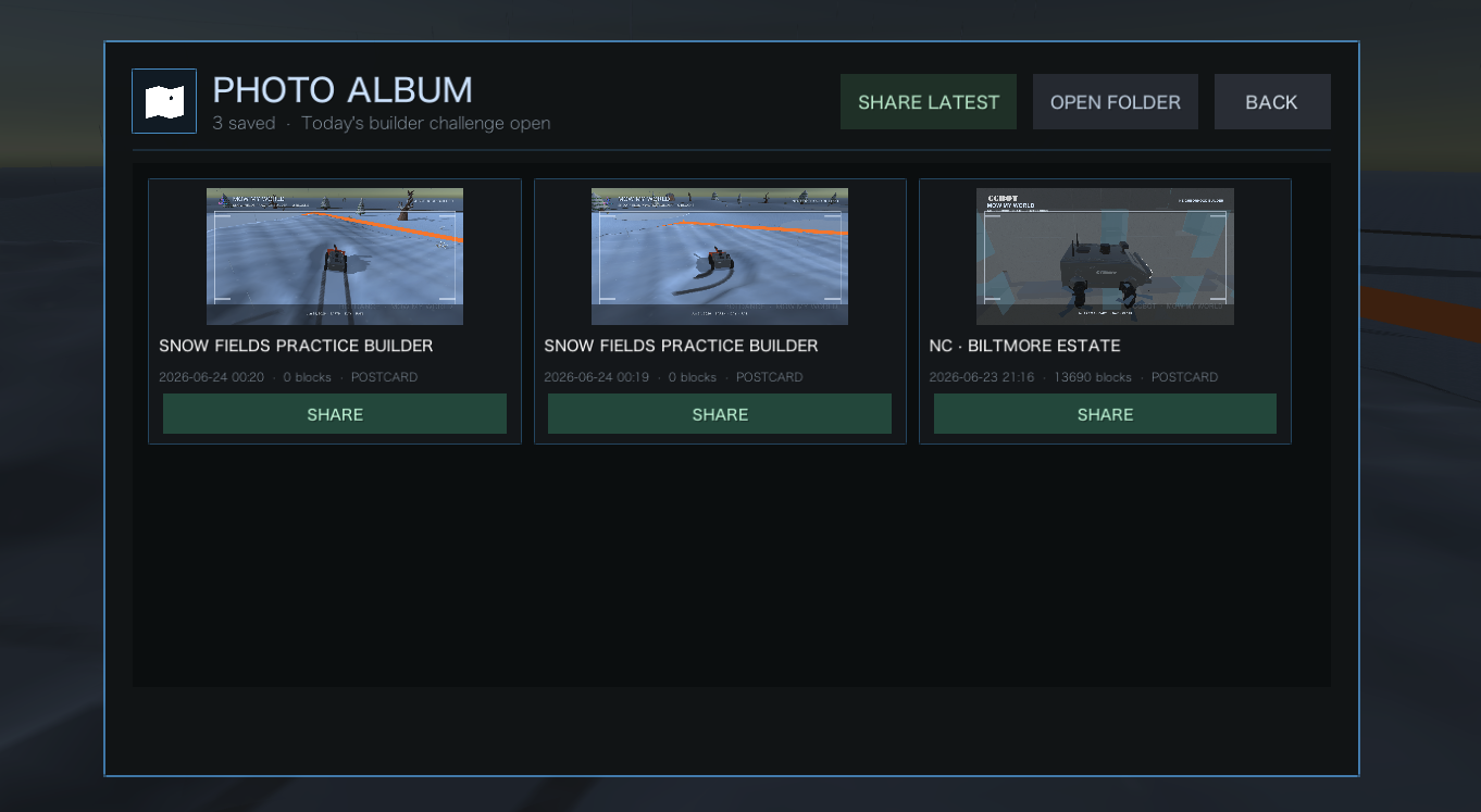 Photo Album screen showing saved Mow My World postcards