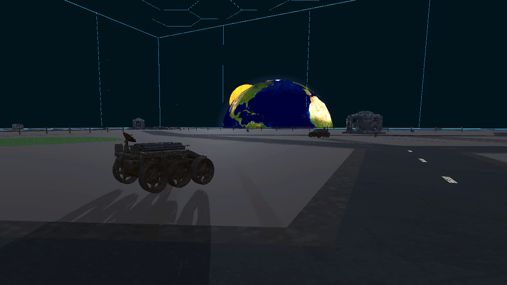 CCBOT driving on a Moon colony road with Earth in the sky